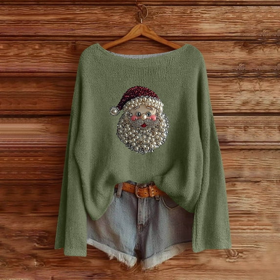 Tops for Women Christmas Printed Long Sleeved Winter Round Neck Pullover Knit Sweater,Women's Long Sleeve Tops 2-Army Green XL