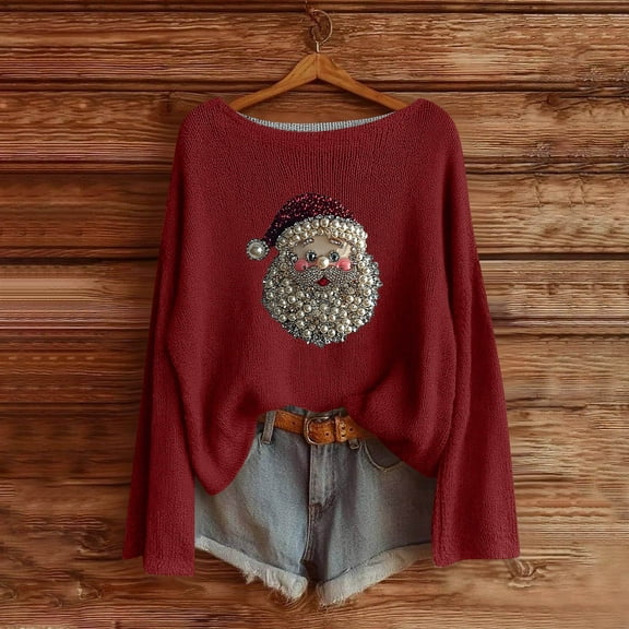 Tops for Women Christmas Printed Long Sleeved Winter Round Neck Pullover Knit Sweater,Women's Long Sleeve Tops 2-Wine XXL