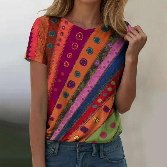 Tops for Women Clearance under $5.00 Casual Print Short Sleeve Round Neck T-Shirt Stylish Summer Top Red L