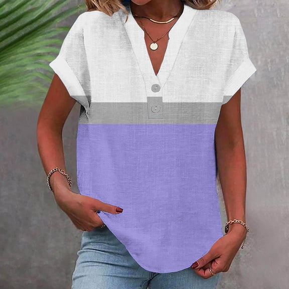 Tops for Women under $5.00 Cotton Linen Casual Color-Block Print Short Sleeve V-Neck T-Shirt Purple XXXXL