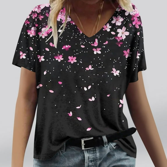 Tops for Women under $5.00 Print Short Sleeve V-Neck T-Shirt Black L