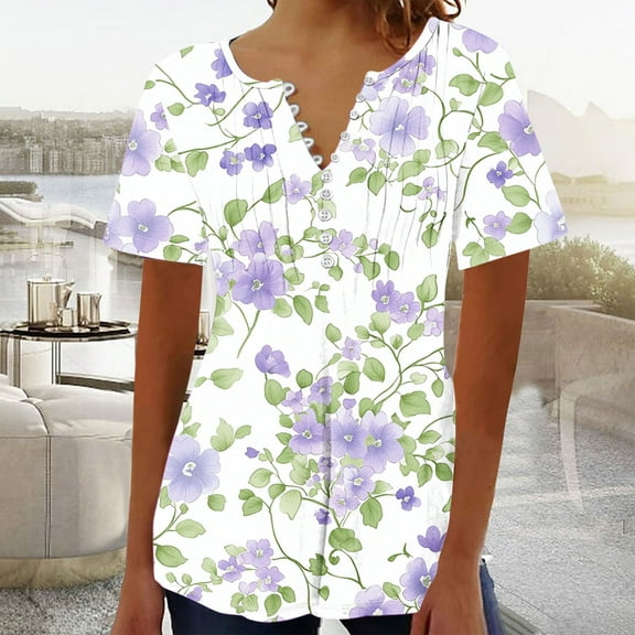 Tops for Women under $5.00 Solid Color V-Neck Button-Front Short Sleeve Top Blue L