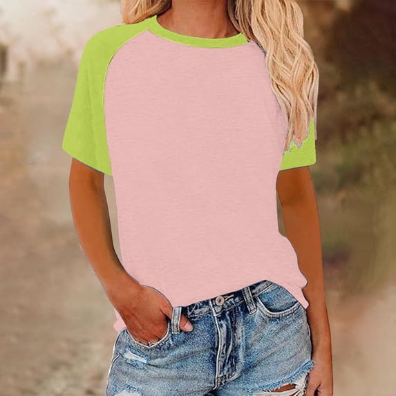 Tops for Women under $5 Short Sleeved Round Neck Color Block Printed Pullover Fashionable Top Pink XXL