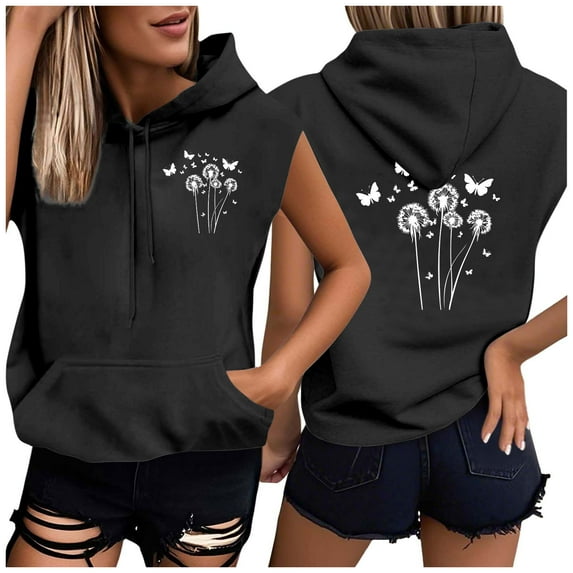 Tops for Women Clearance under $5 Sleeveless Printed Pocket Hat Rope Hooded Top Black XXXL