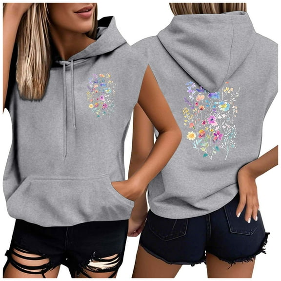 Tops for Women under $5 Sleeveless Printed Pocket Hat Rope Hooded Sweatshirt Top Gray