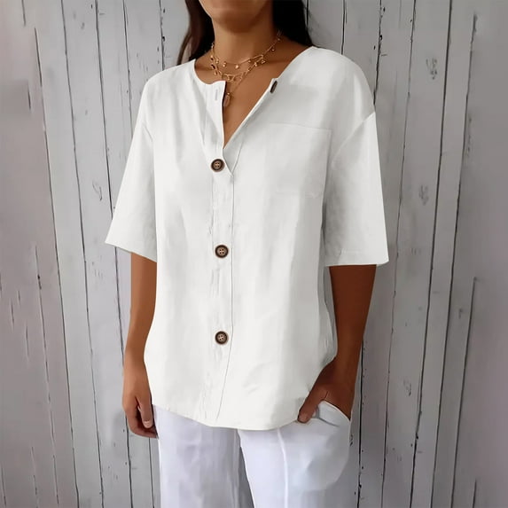 Tops for Women Cotton Linen Button Pocket Short Sleeved Shirt Jacket T-shirt White M