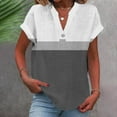 thumbnail image 1 of Tops for Women Cotton Linen Casual Color-Block Print Short Sleeve V-Neck T-Shirt Black M, 1 of 5