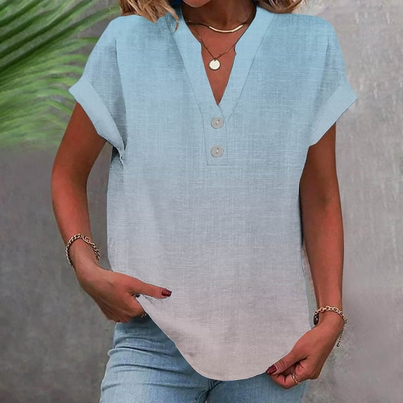 Tops for Women Cotton Linen Gradient Print Casual Short Sleeve V-Neck T-Shirt Light Blue M