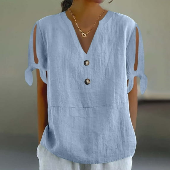 Tops for Women Cotton Linen Solid Color V-Neck Button-Front T-Shirt Light Blue M