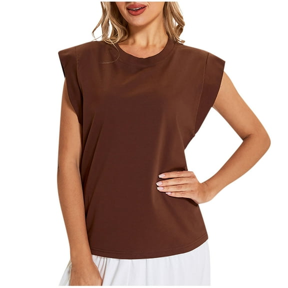 Tops for Women Crew Neck Cap Sleeve dressy T-Shirt Summer Fashion Casual Loose Tee,Brown,M