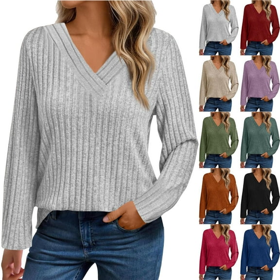 Tops for Women Crew Neck Long Sleeve Shirts Fall Blouses Casual Basic Tee Ndbuld ,Gray,M