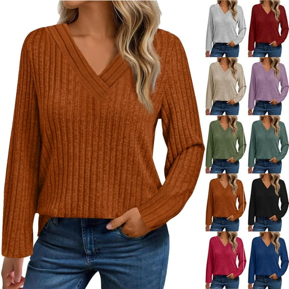 Tops for Women Crew Neck Long Sleeve Shirts Fall Blouses Casual Basic Tee Ndbuld ,Orange,L