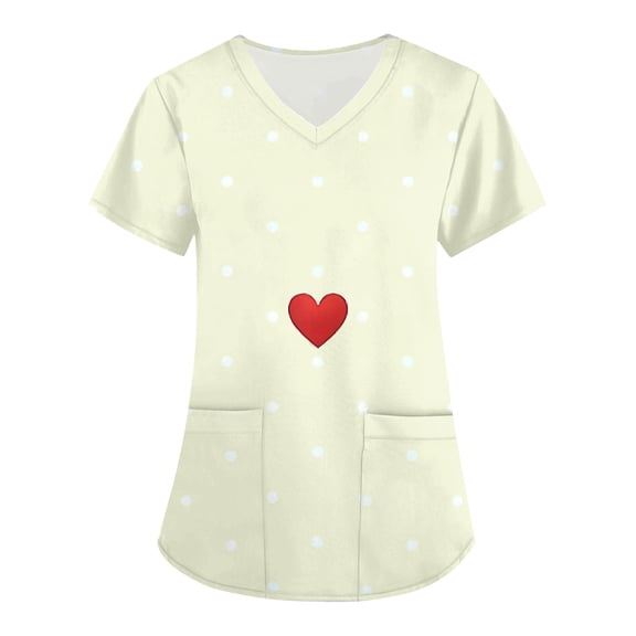 Tops for Women Cute Graphic Printed Short Sleeve V Neck Scrub Top Loose Fit Work Uniform Scrub Shirt 2025 Beige 4XL
