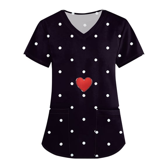 Tops for Women Cute Graphic Printed Short Sleeve V Neck Scrub Top Loose Fit Work Uniform Scrub Shirt 2025 Black 3XL