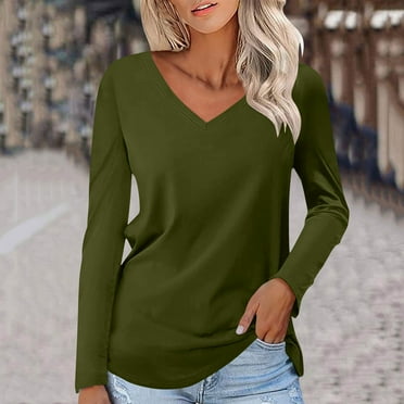 Tops for Women DYTTDG Women's Fashion Lightweight Solid Color V-Neck Long Sleeve T-Shirt Casual Loose Pullover Basic Tops on Clearance