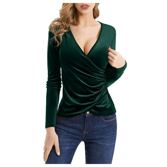 Tops for Women Deep V Neck Long Sleeve Velvet Unique Cross Wrap Slim Fit Blouse Top Green L
