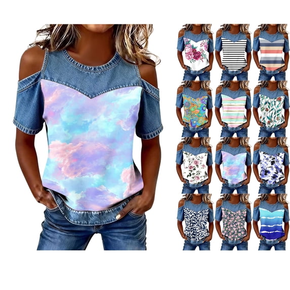Tops for Women Denim Accents Print Round Neck Short Sleeve Off-Shoulder Blouse