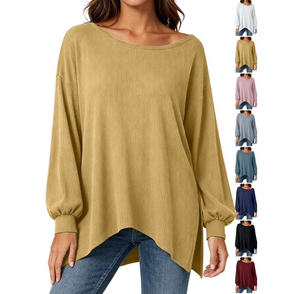 Tops for Women Dqueduo Women's Casual Loose Long Sleeve Top With Wide Round Neck Slit Detail And Off Shoulder Option
