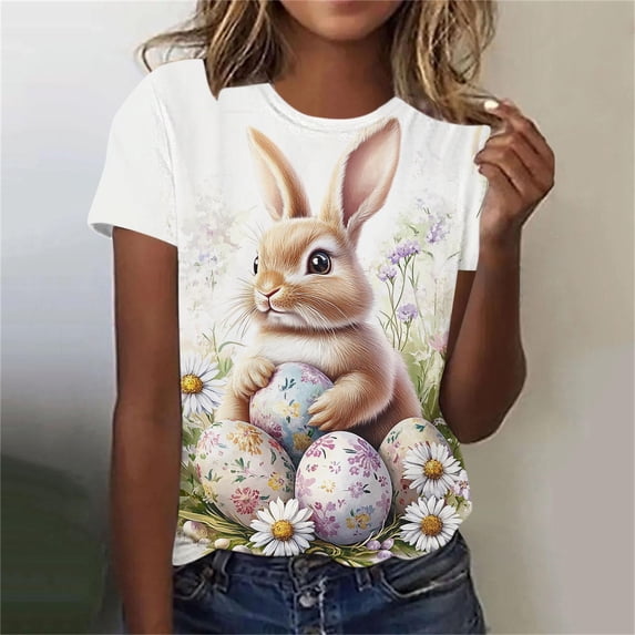 Tops for Women Easter Bunny Short Sleeved Round Neck Casual Pullover Printed T-shirt White XXL