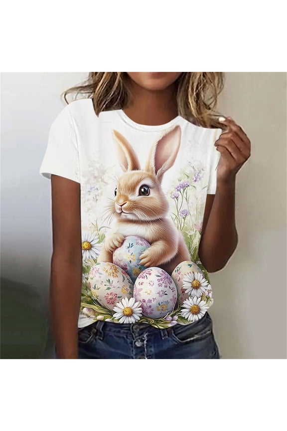 Tops for Women Easter Bunny Short Sleeved Round Neck Casual Pullover Printed T-shirt White XXL