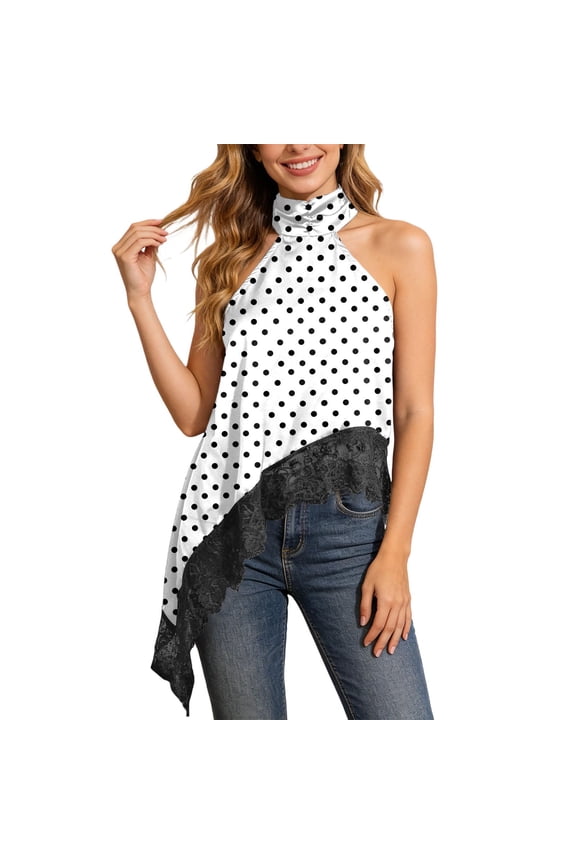 Tops for Women Elegant Lace Trim Sleeveless V Neck Satin Asymmetric Womens Athletic Tops,White,L