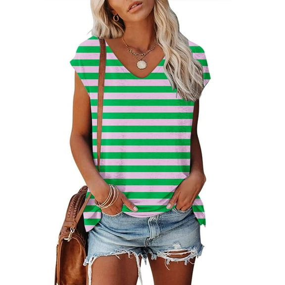 Tops for Women Fashion Short Sleeve Round Neck Stripe Printed T Shirt Blouse Loose