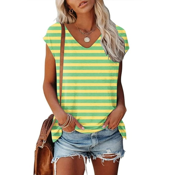 Tops for Women Fashion Short Sleeve Round Neck Stripe Printed T Shirt Blouse Loose