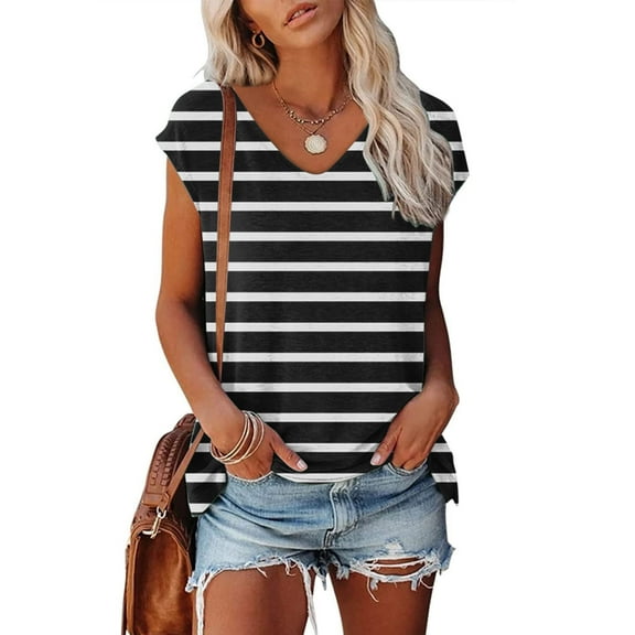 Tops for Women Fashion Short Sleeve Round Neck Stripe Printed T Shirt Blouse Loose