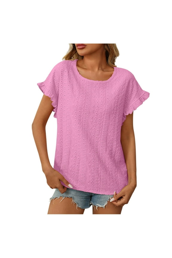 Tops for Women Fashion Solid Color Casual Spring And Summer New Loose Thread Stitching Round Neck Short Sleeved T Shirt