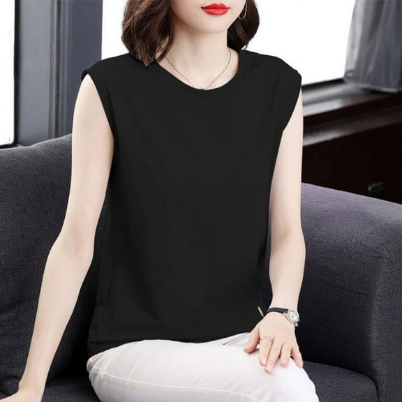 Tops for Women Fashion Solid Color Crew Neck T Shirts Leisure Loose Fit Sleeveless Standard Straps Summer Tops