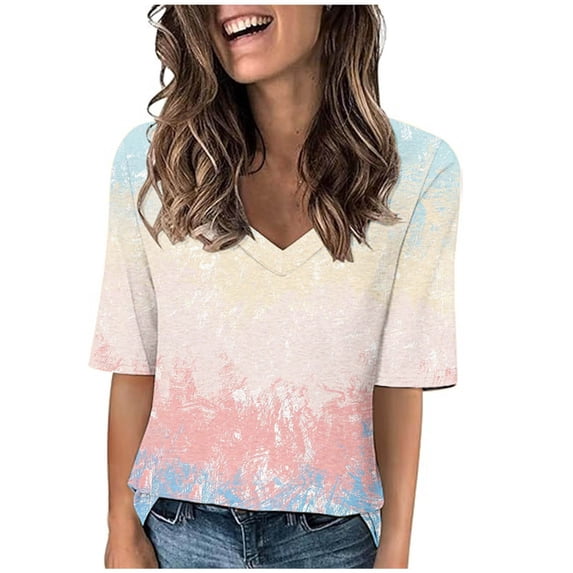 Tops for Women Gradient Color Fashion Tees Casual Neck Loose Cute T Shirt Five Quarter Sleeved Ladies Top