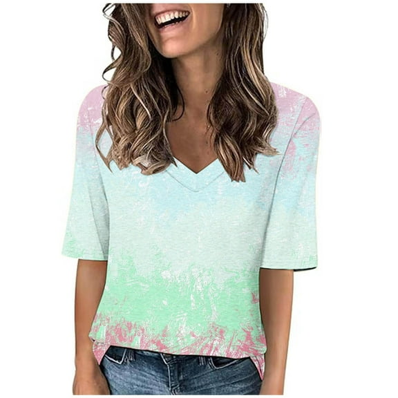 Tops for Women Gradient Color Fashion Tees Casual Neck Loose Cute T Shirt Five Quarter Sleeved Ladies Top