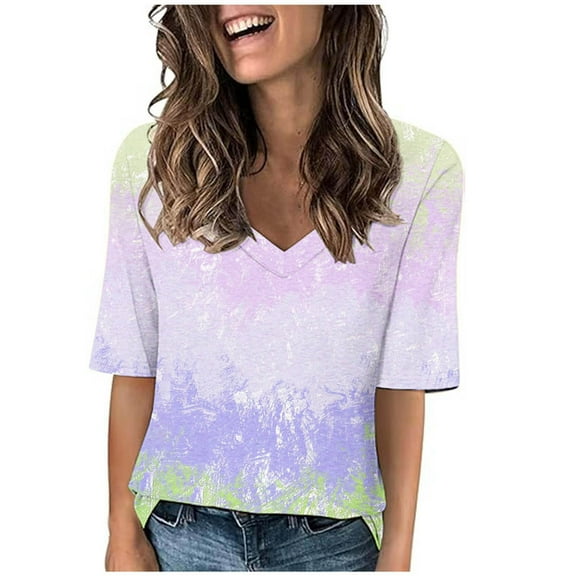 Tops for Women Gradient Color Fashion Tees Casual Neck Loose Cute T Shirt Five Quarter Sleeved Ladies Top