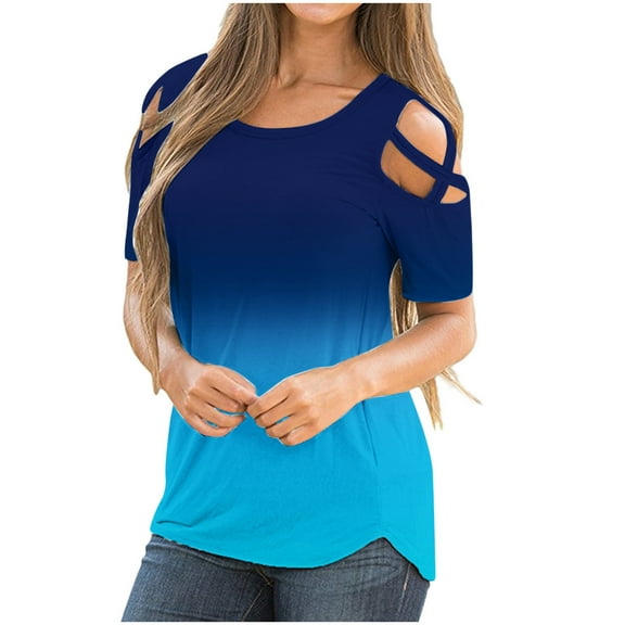 Womens Summer Tops Shoulder Short Sleeve Cold Strappy Gradient Shirt