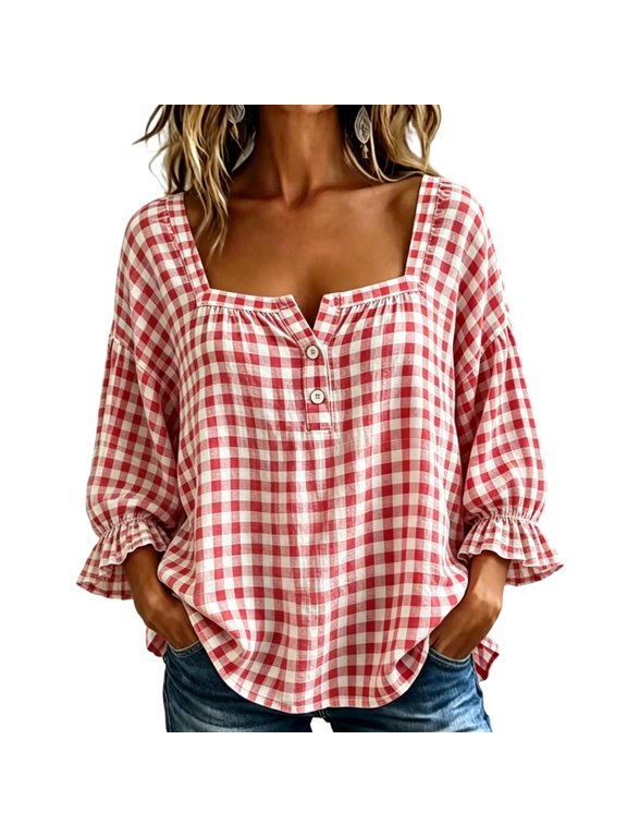 Tops for Women Half Sleeve Tunic Blouse Square Neck Gingham Button Up Plaid Shirt Trendy Loose Cute Checkered Shirts,XL