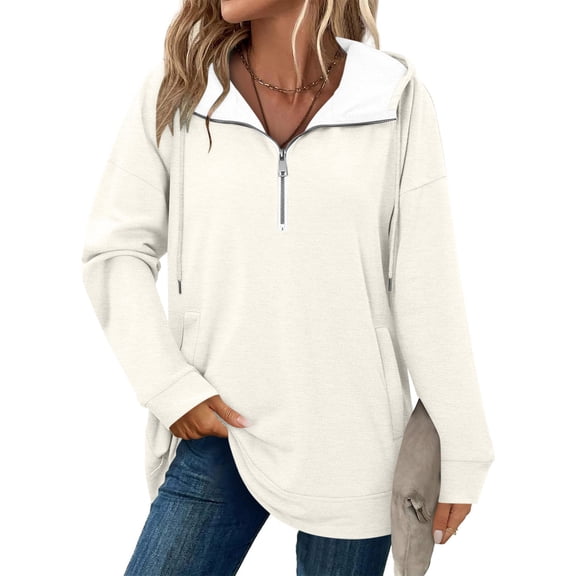 Tops for Women Half Zip Hooded Drawstring Solid Color Pocket Sweatshirt Womens Blouse Plus Size Beige XXL