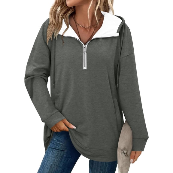 Tops for Women Half Zip Hooded Drawstring Solid Color Pocket Sweatshirt Womens Blouse Plus Size Dark Gray XL