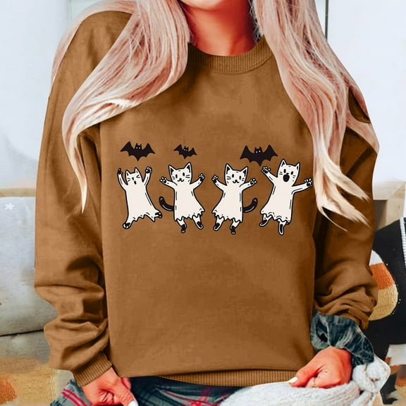 Tops for Women Halloween Printed Long Sleeved Hoodie Round Neck Loose Sweatshirts 1-Coffee S