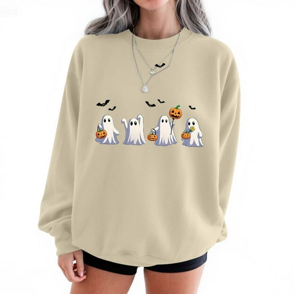 Tops for Women Halloween Printed Round Neck Long Sleeved Sweatshirts,Womens Sweatshirts Beige