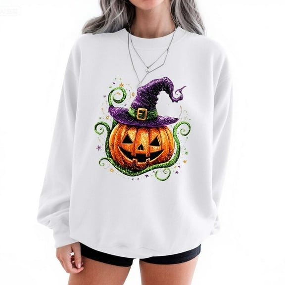 Tops for Women Halloween Printed Round Neck Long Sleeved Sweatshirts,Womens Sweatshirts White