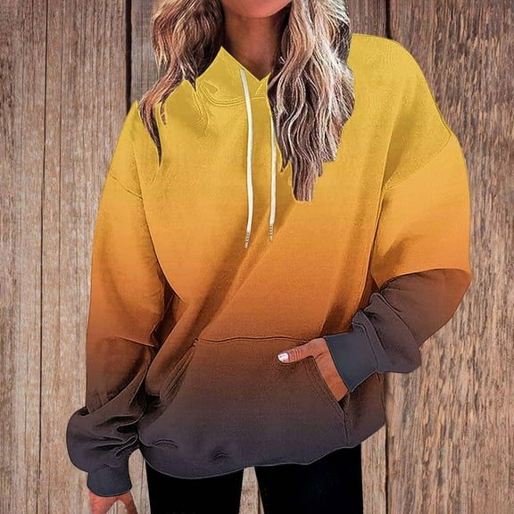 Tops for Women Hooded Gradient Printed Pocket Drawstring Cover Sweatshirts,Womens Sweatshirts Yellow