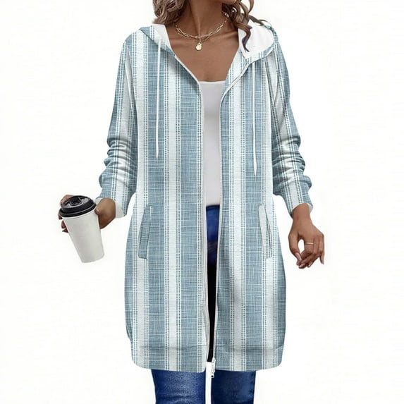 Tops for Women Hooded Pocket Zipper Long Sleeved Casual Loose Solid Color Fleece Sweatshirt Long Jacket,Women's Long Sleeve Tops Light Blue XL