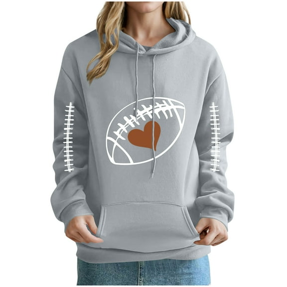 Tops for Women Hooded Rugby Printed Off Shoulder Sleeves Long Sleeved Sweatshirt,Womens Sweatshirts Gray