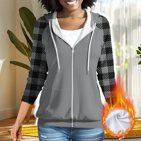 Sweatshirts for Women Hooded Plaid Printed Pocket Long Sleeve Sweatshirt,Womens Sweatshirtss Dark Gray