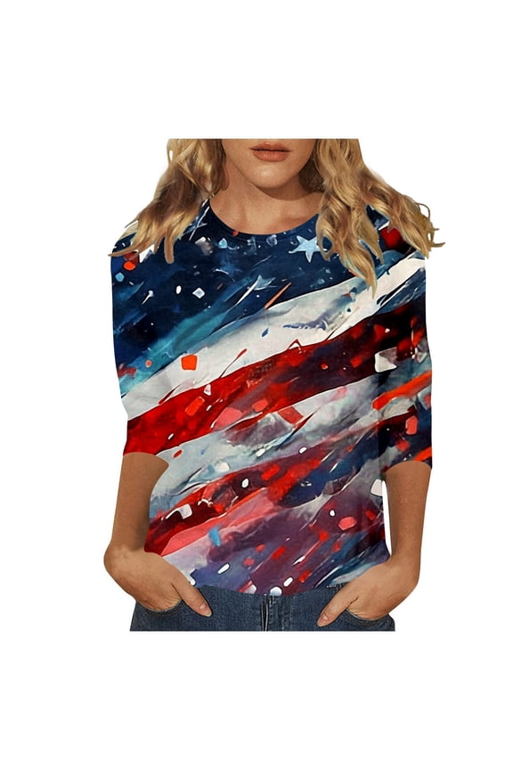 Tops for Women Independence Day Print O Neck 3/4 Sleeve Y2K Tops,Beige,M