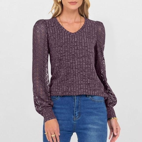Tops for Women Lace Long Sleeved Round-Neck Solid Color Patchwork T-Shirt Pullover Blouse Purple L