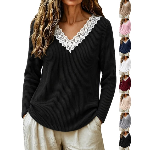 Tops for Women Lace V-Neck Soft Long Sleeve Ribbed Knit Pullover Casual Fall Winter Shirt