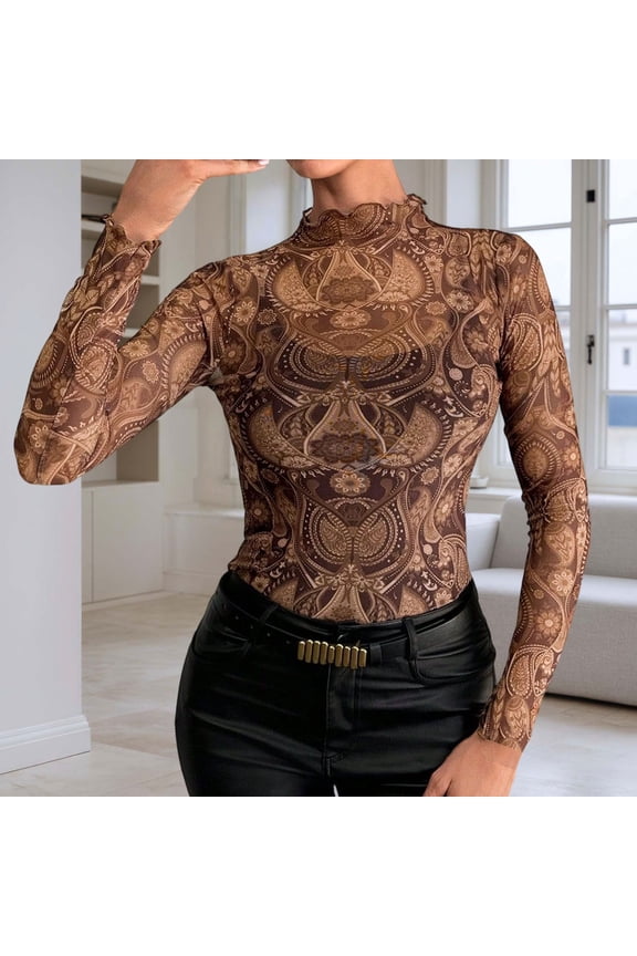 Tops for Women Leopard Mesh Ruffle Shirts Long Sleeve Sheer Slim Fit Casual Summer Breathable Lightweight Trendy Soft Tops for Women Coffee