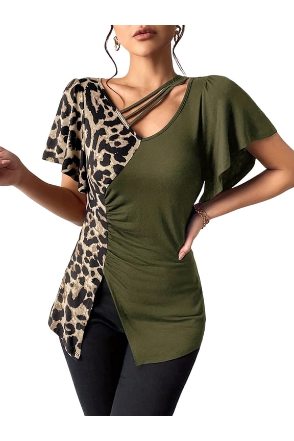 Tops for Women Leopard Print Asymmetric Patchwork Blouse Short Sleeve Going Out Top Green L