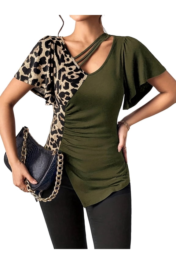 Tops for Women Leopard Print Asymmetric Patchwork Blouse Short Sleeve Going Out Top Green S